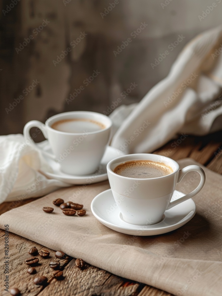 Two cups filled with coffee resting on a wooden table. Generative AI Two cups filled with coffee resting on a wooden table. Generative AI