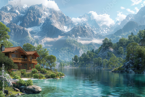 A serene mountain retreat nestled in a secluded valley, where visitors can escape the hustle and bustle of city life and reconnect with nature. Generative Ai.