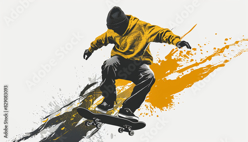 Skateboarder jumping graffiti style illustration