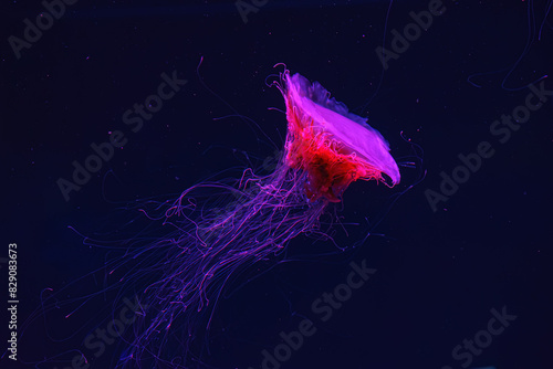 Fluorescent jellyfish swimming underwater aquarium pool with red neon light. The Lion's mane jellyfish, Cyanea capillata also known as giant jellyfish, arctic red jellyfish, hair jelly photo