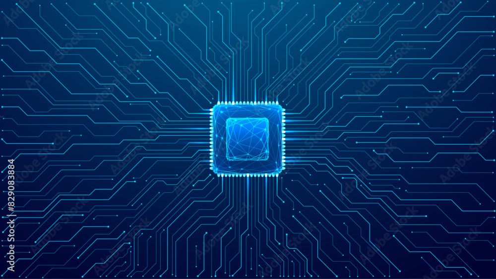 Computer Chip Overlay Circuit background with a gloving computer chip in the center. Abstract ...