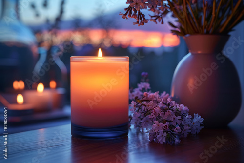 The aroma candle stand near vase. Lilac flowers lie nearby. A pleasant evening atmosphere of comfort and self-care.