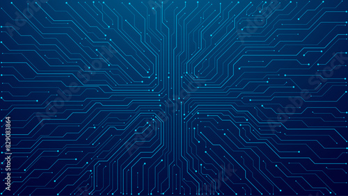 Thin circuit trace lines in blue on a dark technology background. Abstract digital tech bg. Electronics and computer technology concept. Chip and circuit board. Vector illustration. Chip connectors. (ID: 829083864)