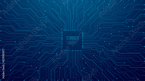 Thin circuit trace lines in blue on a dark technology background. Abstract digital tech bg. Electronics and computer technology concept. Chip and circuit board. Vector illustration with text space.  (ID: 829083871)