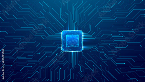 Circuit background with a gloving computer chip in the center. Abstract digital tech bg in blue. Low poly wireframe semiconductor or microchip. CPU on circuit board. Polygonal vector illustration.