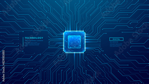 Circuit background with a gloving computer chip in the center. Abstract digital tech bg. Low poly wireframe semiconductor or microchip. CPU on circuit board. Free text space. Vector illustration.