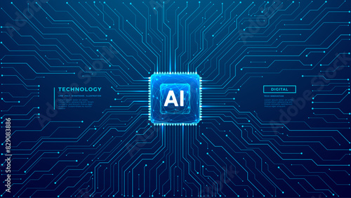 Glowing light blue neon AI chip with thin circuit contact lines. AI chip on technology background. Free text space. Abstract digital tech background. Semiconductor on board. Vector illustration (ID: 829083886)