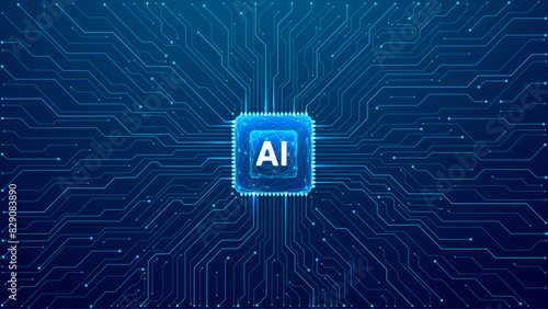 Glowing light blue neon AI chip with thin circuit contact lines. AI chip on technology background. Abstract digital tech background in monochrome blue. Semiconductor on a board. Vector illustration. (ID: 829083890)
