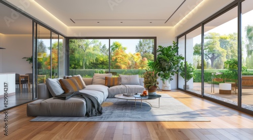 Modern living room interior with a cozy fabric sofa