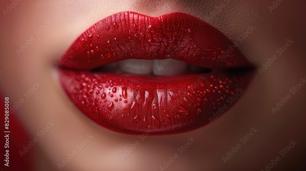 Vibrant Red Background Featuring Glossy Red Lips with Delicate Details and Texture Vibrant Red Background Featuring Glossy Red Lips with Delicate Details and Texture