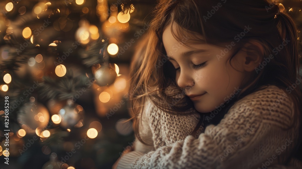 Two young girls embracing by the Christmas tree at home during the festive season Two young girls embracing by the Christmas tree at home during the festive season