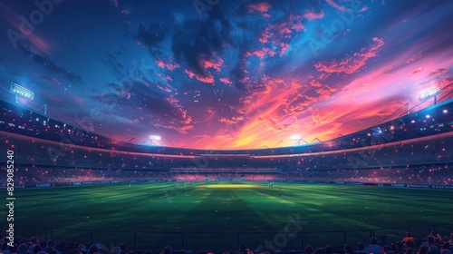 Vector illustration of cricket stadium under moonlit sky. Anticipating a bustling evening match on lush green ground.