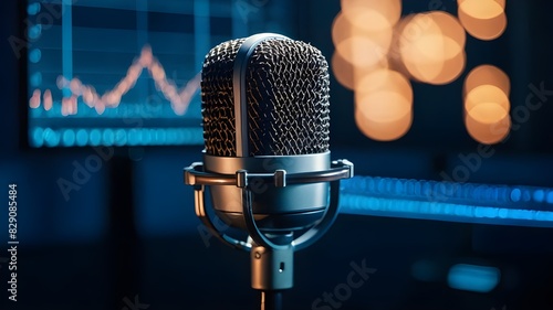 Expert microphone featuring a waveform on a blue banner, perfect for a podcast or recording studio backdrop