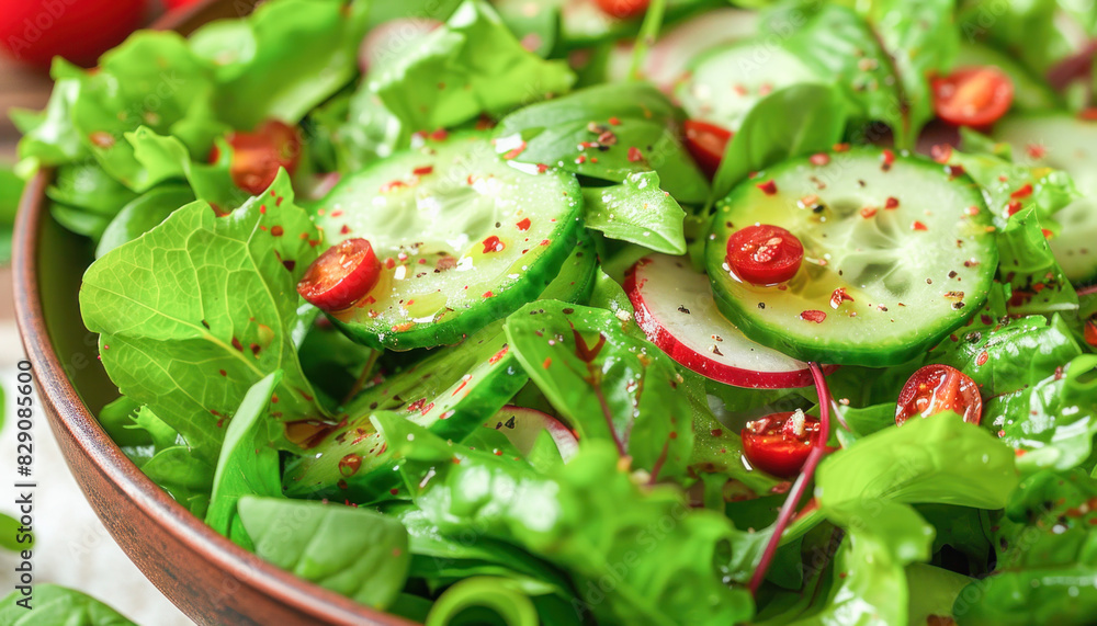 A fresh salad made with lettuce, cucumbers, radishes, and tomatoes, served in a bowl A fresh salad made with lettuce, cucumbers, radishes, and tomatoes, served in a bowl