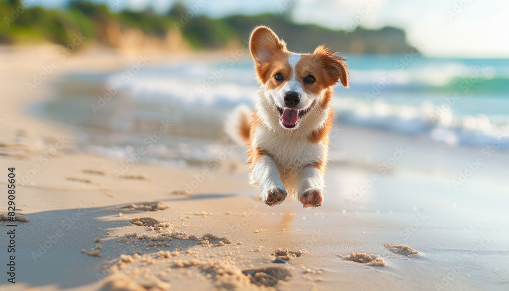 A dog is happily running on the sandy shore near the ocean, full of playful energy