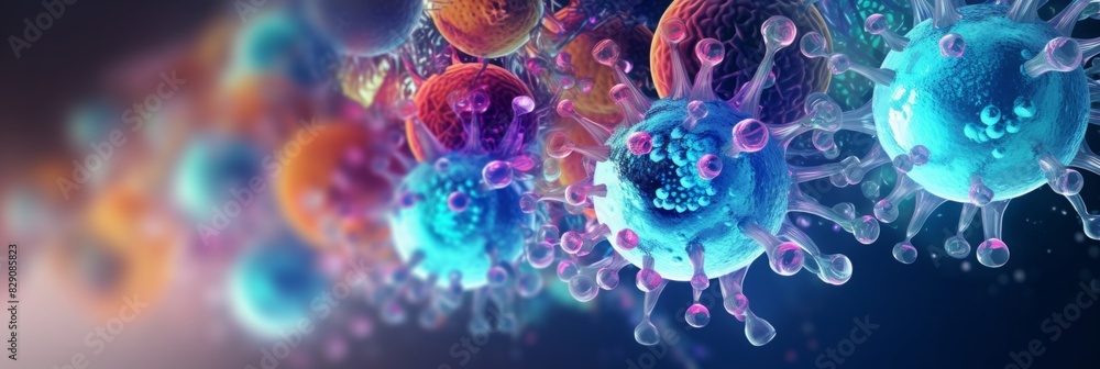 virus banner with red spikes on abstract blue background with copy space. medical laboratory research, Microbiology and virology. virus banner with red spikes on abstract blue background with copy space. medical laboratory research, Microbiology and virology.