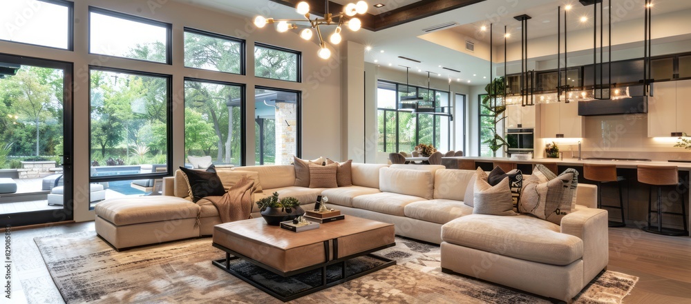 Modern living room interior with a plush sectional, modern lighting fixtures, and large bay windows Modern living room interior with a plush sectional, modern lighting fixtures, and large bay windows
