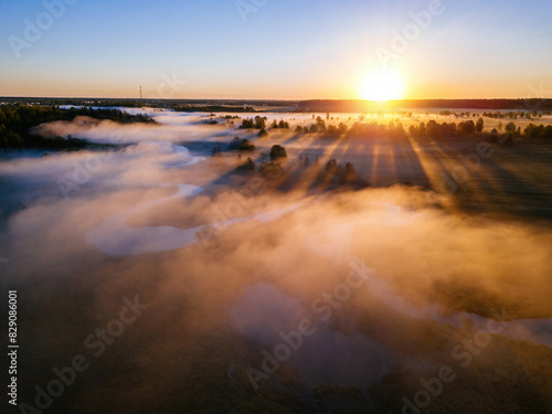 Sunrise and morning mist at countryside  aerial view