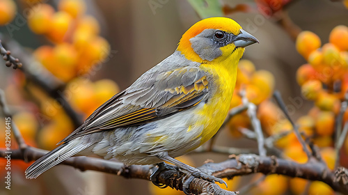 adult male Palila Loxioides bailleui with yellow and gray plumage found in Hawaii North America photo