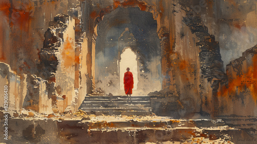 Watercolor paintings of Buddhist monks Was on a pilgrimage to an old temple in Ayutthaya. generative ai