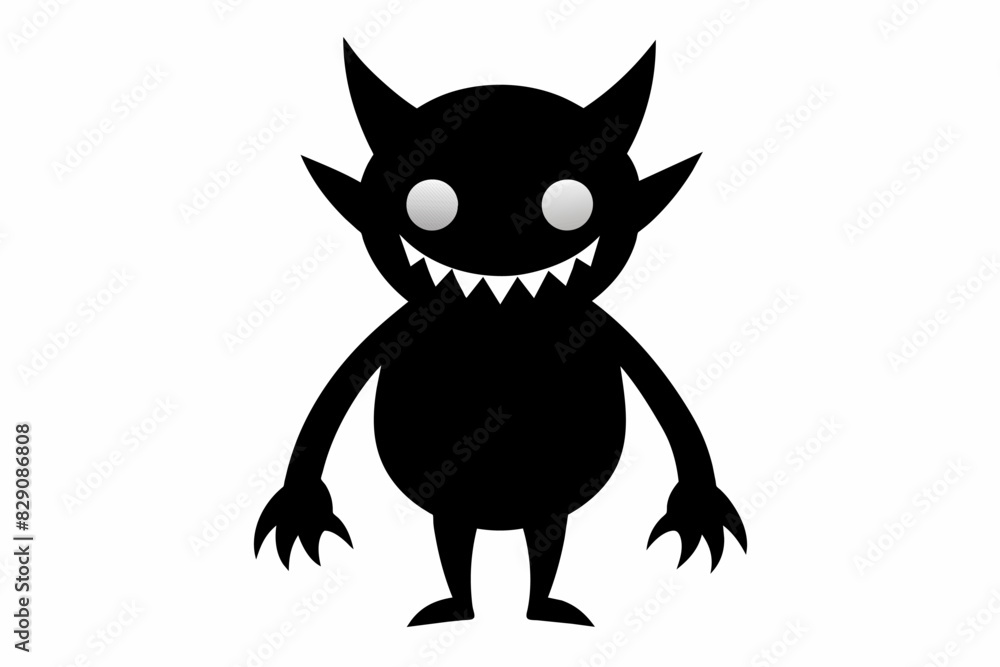 Monochromatic cartoon monster with claws and horns. Fantasy creature, scary character concept, horror theme. Black silhouette isolated on white background.
