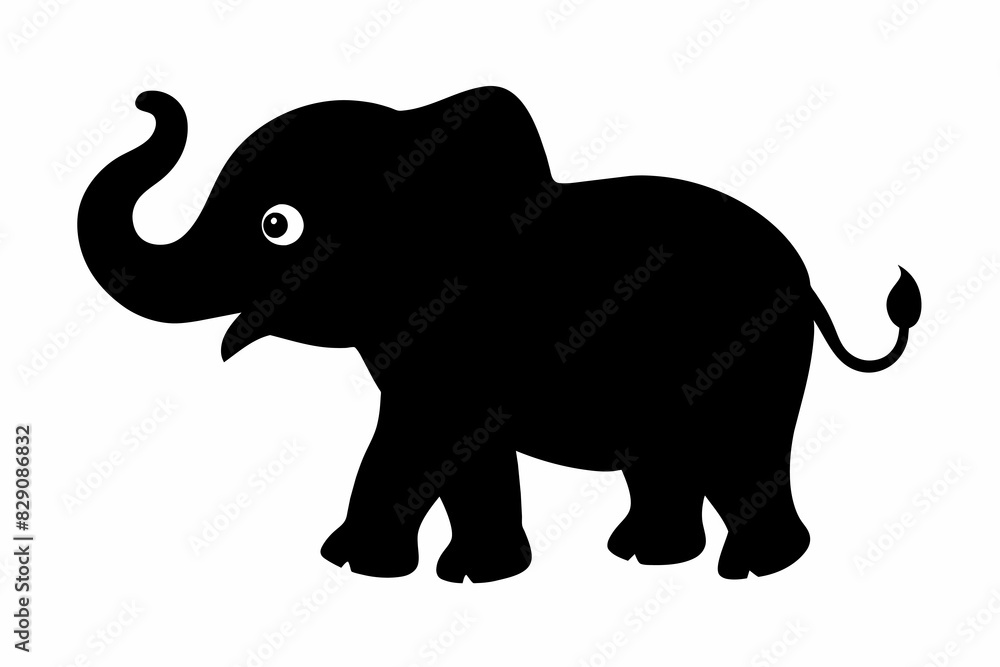 Cute black elephant cartoon with big ears and wide eyes. Baby animal, adorable illustration, childrens art, playful design concept. Black silhouette isolated on white backdrop Cute black elephant cartoon with big ears and wide eyes. Baby animal, adorable illustration, childrens art, playful design concept. Black silhouette isolated on white backdrop