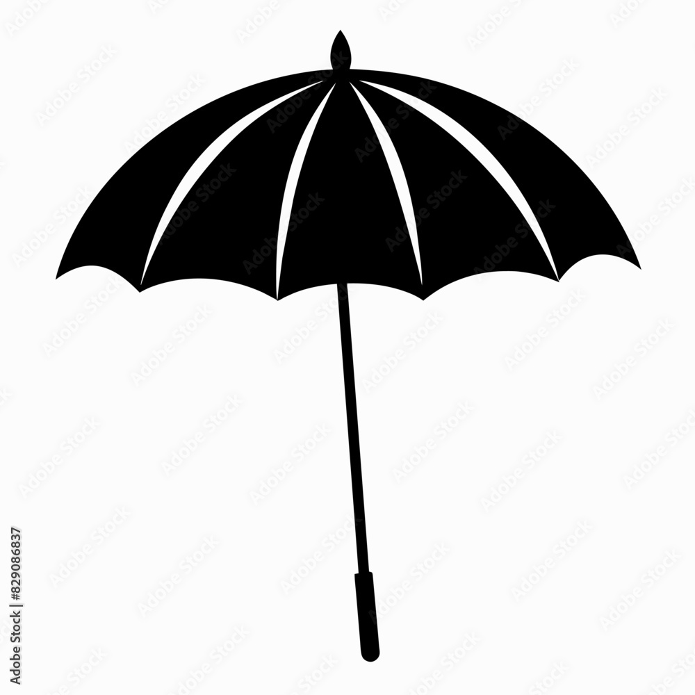 Black umbrella silhouette isolated on white background. Single object, weather protection, simple design, classic style concept.