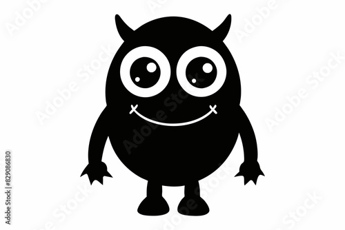 Black cartoon monster with big eyes and horns. Cute creature design, kids illustration, monster character, whimsical drawing for children. Black silhouette isolated on white background.