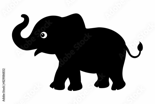 Cute black elephant cartoon with big ears and wide eyes. Baby animal  adorable illustration  childrens art  playful design concept. Black silhouette isolated on white backdrop
