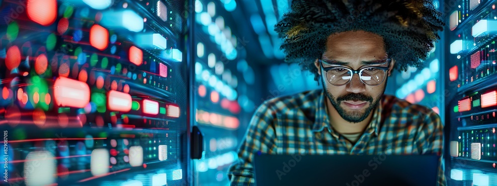 Young Male Programmer Working on a Laptop in a Data Center Young Male Programmer Working on a Laptop in a Data Center