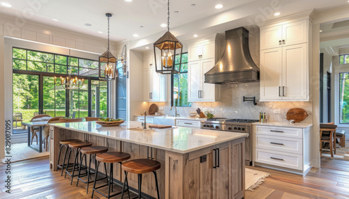 The kitchen is equipped with white cabinets  a spacious island  stools  and a stove