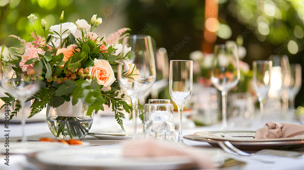 Close up of wedding reception table setting with flower arrangements Close up of wedding reception table setting with flower arrangements