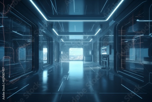 A futuristic corridor with glowing blue neon lights, showcasing a high-tech, sci-fi environment.