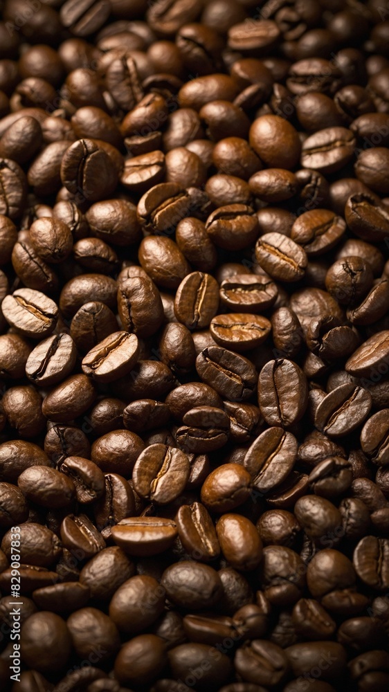 Fototapeta premium Multitude of roasted coffee beans captured in close-up image, filling frame. These beans showcase varying shades of brown, textures. Some beans display glossy sheen while others have matte finish.