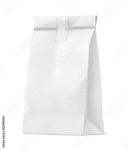 Paper bag for fast-food delivery. Food Delivery Service with sticker caffe or restaurant branding. Realistic mockup. Isolated on white background. Vector illustration.