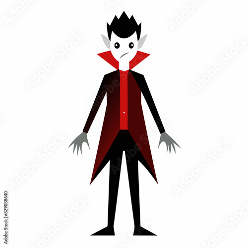 Cartoon vampire with red cape and fangs. Halloween character. Dracula costume, spooky, horror concept. Isolated on white background.