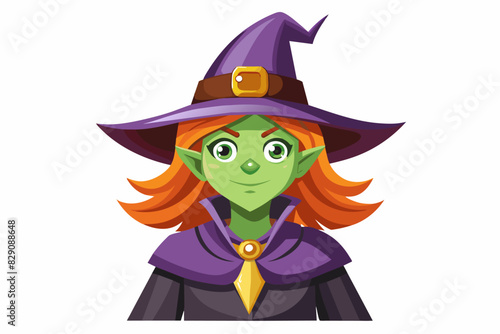 Cartoon green witch woman with purple hat and red hair. Halloween, fantasy, magic, female character concept. Isolated on white background