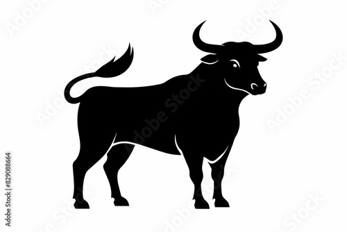Black silhouette of a bull with curved horns isolated on a white background. Simple graphic art. Farm animal, livestock design, agriculture concept