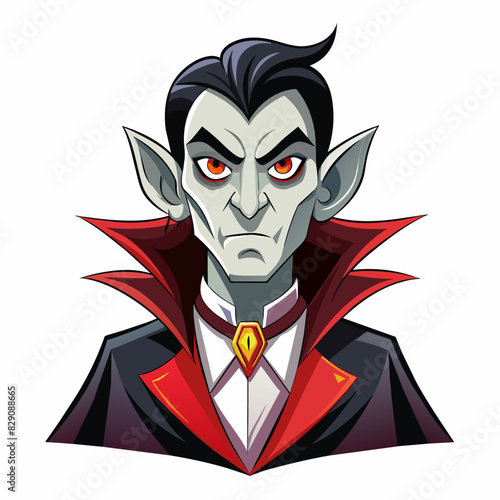 Cartoon vampire character in a suit with red cape and sharp fangs. Halloween monster. Horror, fantasy, costume, cartoon concept. Isolated on white background