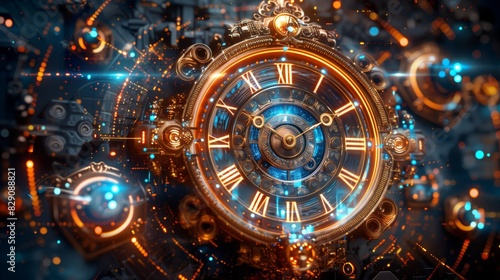 Wallpaper Mural Futuristic steampunk clock with glowing orange and blue elements, intricate gears, and Roman numerals, blending antique design with modern technology. Torontodigital.ca