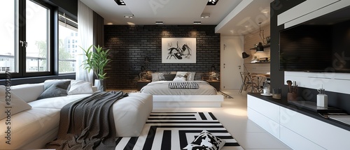 Modern small studio interior with black & white details.