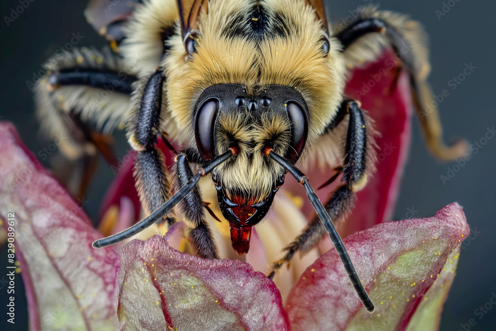 a bee sits atop some red leaves with its eyes open a bee sits atop some red leaves with its eyes open