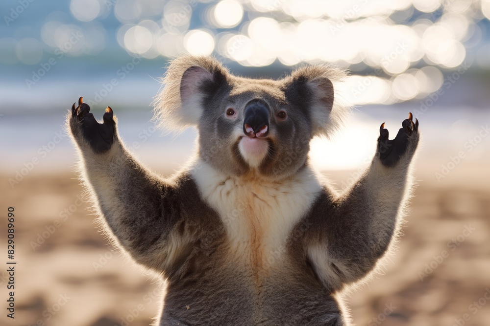 Adorable koala with outstretched arms on beach with bokeh light background in the day