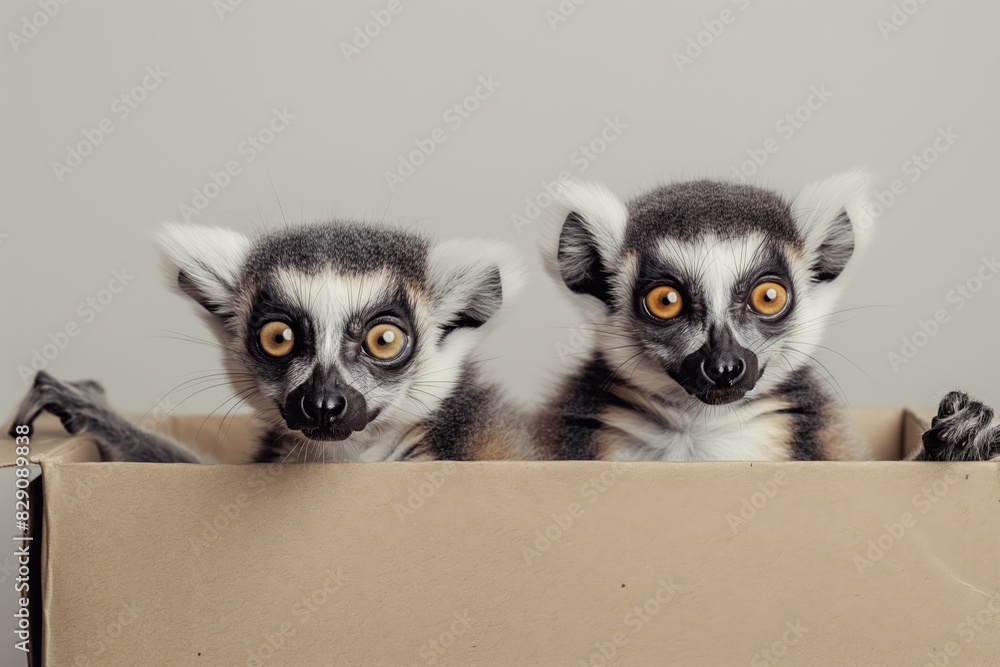 Ring-tailed lemurs peeking out from a box, curious expressions, wide eyes, fuzzy black and white fur