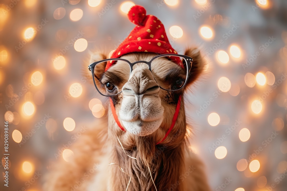 Fototapeta premium A llama wearing glasses and a red Christmas hat with bokeh lights in the background, smiling cutely