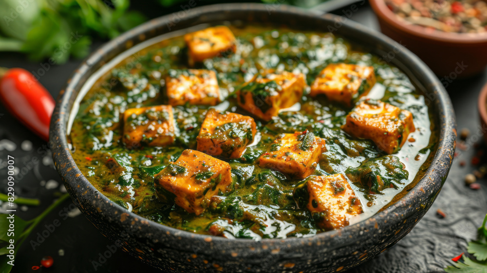 Palak Paneer indian traditional food with cheese and spinach on black background, view from above,generative ai Palak Paneer indian traditional food with cheese and spinach on black background, view from above,generative ai