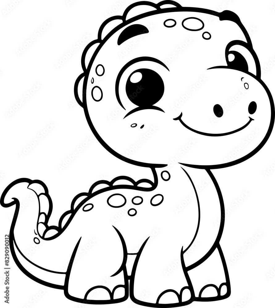 Obraz premium Dinosaure, Line art dessin au trait style kawaii de personnage heureux pour page ou livre de coloriage pour enfant. Vecteur noir totalement transparent et isolé du fond. 