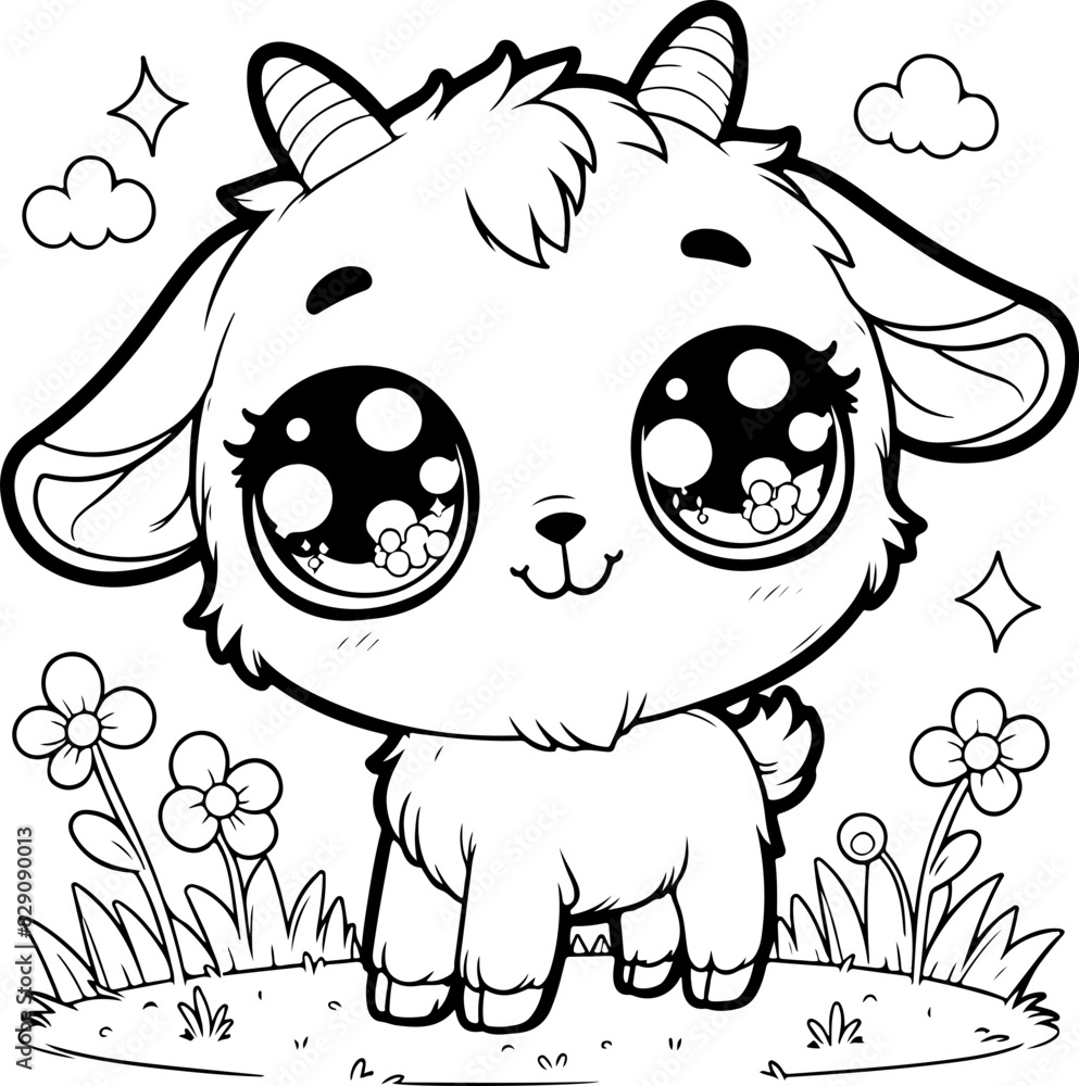 Chèvre Line art dessin au trait style kawaii de personnage heureux pour page ou livre de coloriage pour enfant. Vecteur noir totalement transparent et isolé du fond. Chèvre Line art dessin au trait style kawaii de personnage heureux pour page ou livre de coloriage pour enfant. Vecteur noir totalement transparent et isolé du fond.