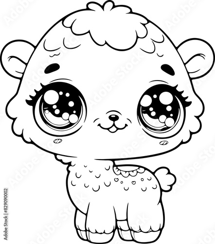 Lama Line art dessin au trait style kawaii de personnage heureux pour page ou livre de coloriage pour enfant. Vecteur noir totalement transparent et isolé du fond. 