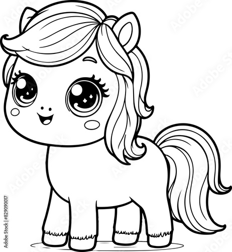 Cheval Line art dessin au trait style kawaii de personnage heureux pour page ou livre de coloriage pour enfant. Vecteur noir totalement transparent et isolé du fond. 